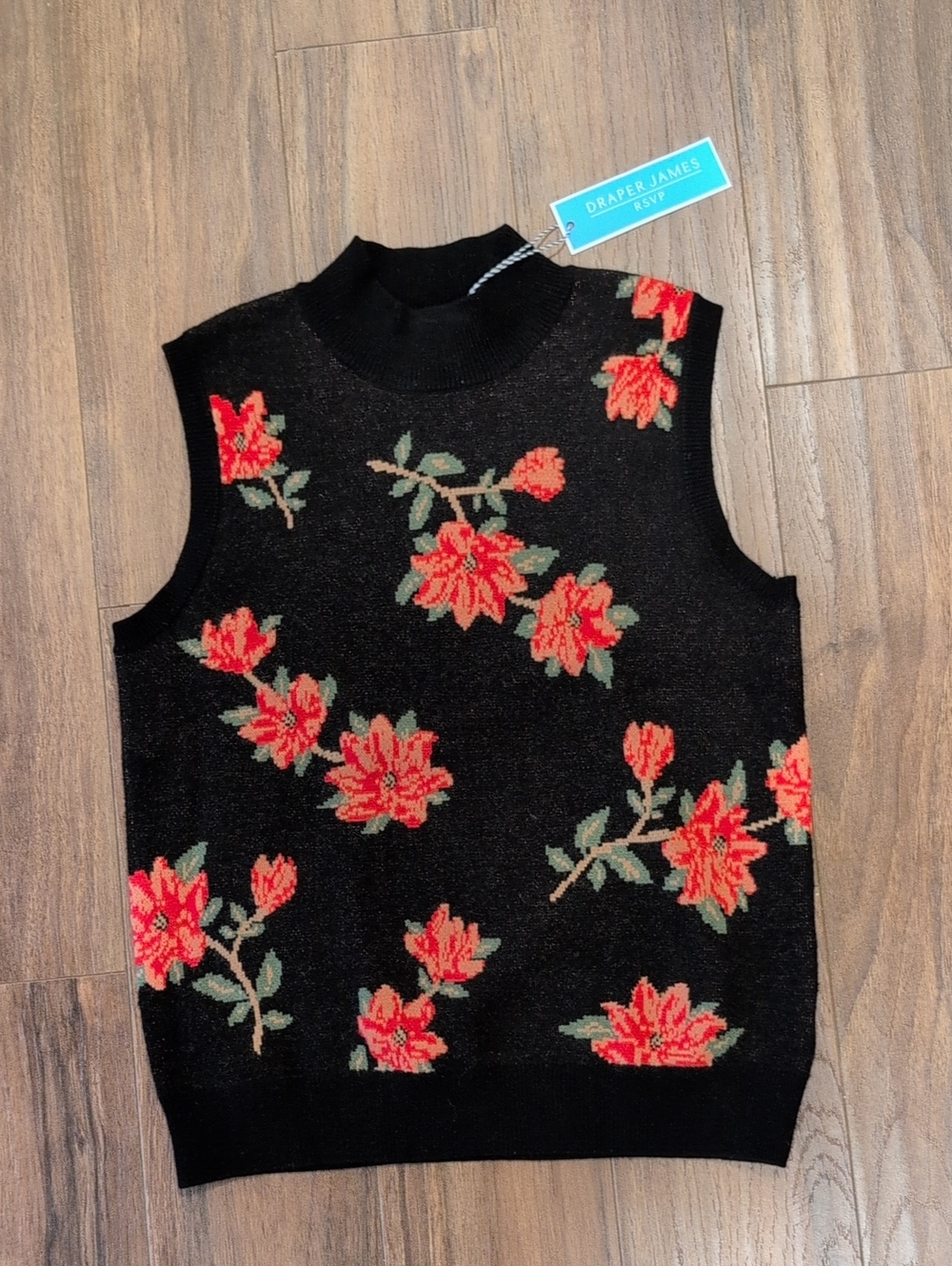 Draper James Black Red Floral Sleeveless Knit Sweater Vest Mock Neck